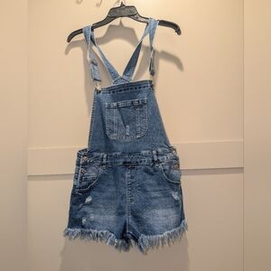 Denim Distressed Short Overalls